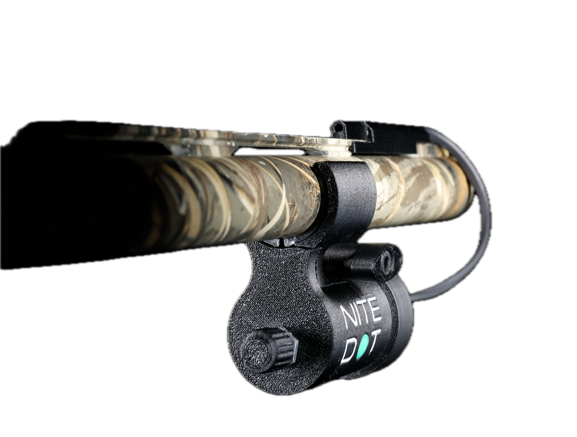 NiteDot illuminated shotgun bead sight mounted on a camouflage barrel